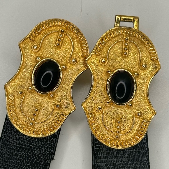Vintage 1985 Gay Boyer Dover Belt Baroque Gold Buckle Black Lizard Embossed Belt - Picture 5 of 9